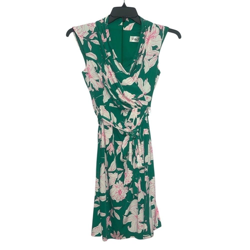 ELIZA J NWT $128 Slinky Stretch Floral Bow Belted Faux Wrap Dress Size 2 Green